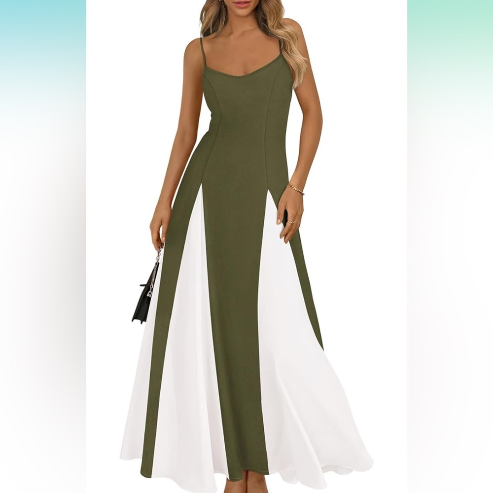 NWOT Elegant Olive Green and White Maxi Dress